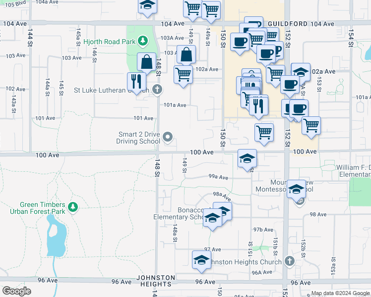 map of restaurants, bars, coffee shops, grocery stores, and more near in Surrey