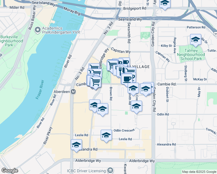 map of restaurants, bars, coffee shops, grocery stores, and more near 3779 Sexsmith Road in Richmond
