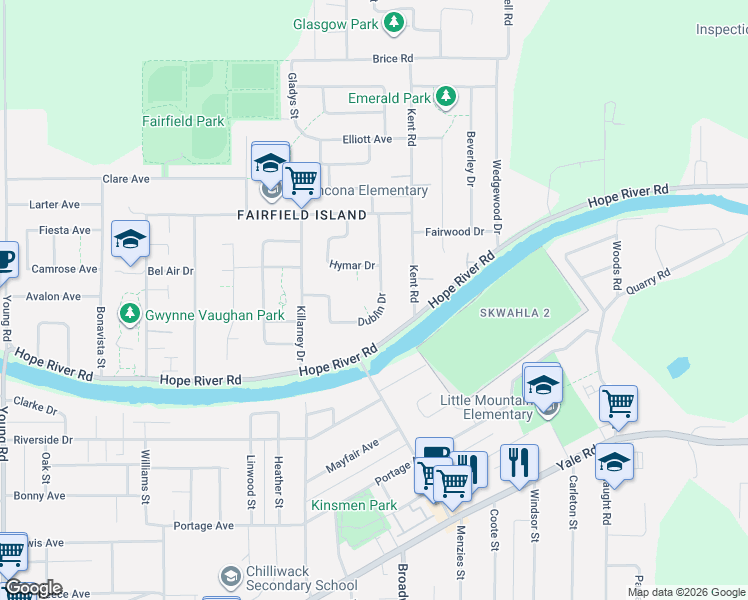 map of restaurants, bars, coffee shops, grocery stores, and more near 10085 Dublin Drive in Chilliwack