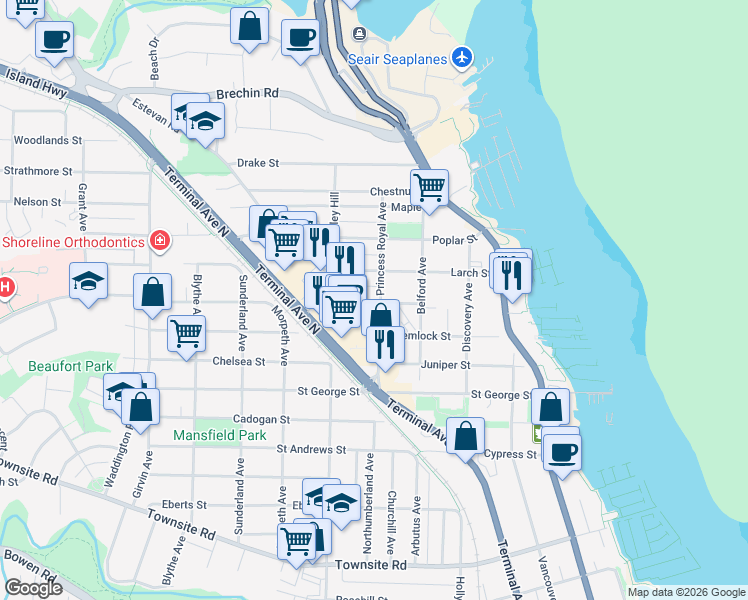 map of restaurants, bars, coffee shops, grocery stores, and more near 1420 Estevan Road in Nanaimo