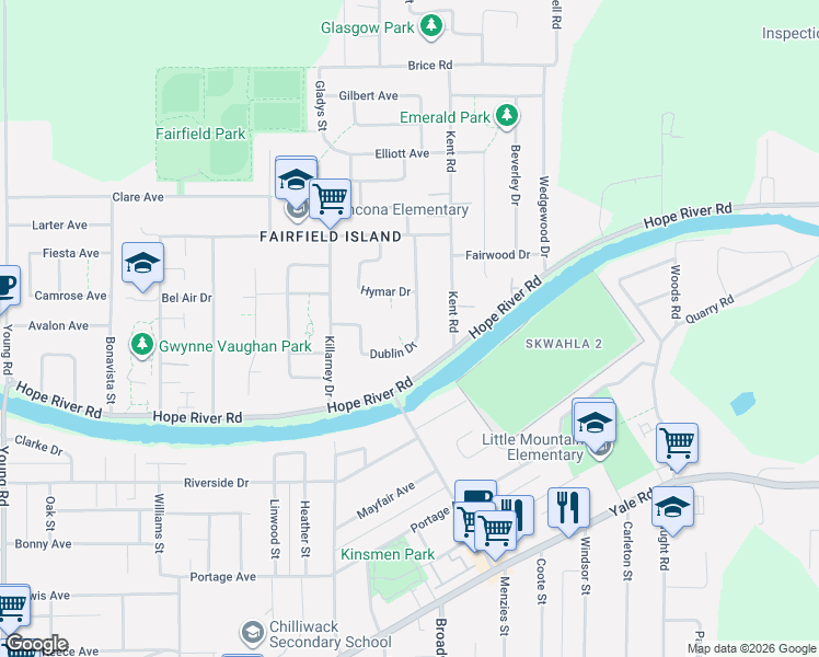 map of restaurants, bars, coffee shops, grocery stores, and more near 10065 Dublin Drive in Chilliwack