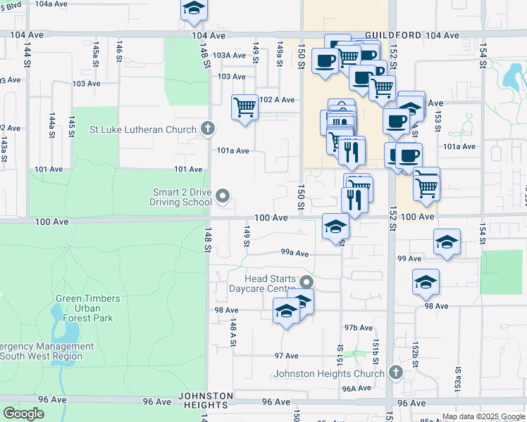 map of restaurants, bars, coffee shops, grocery stores, and more near 14925 100 Avenue in Surrey