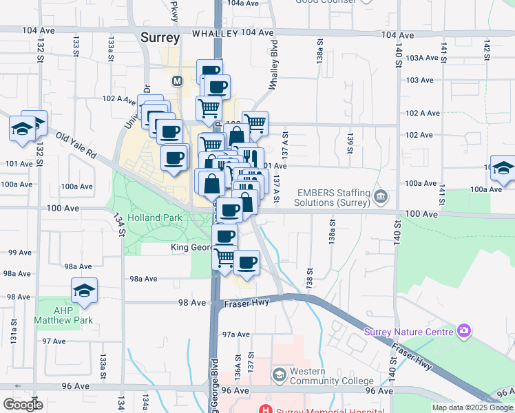 map of restaurants, bars, coffee shops, grocery stores, and more near in Surrey