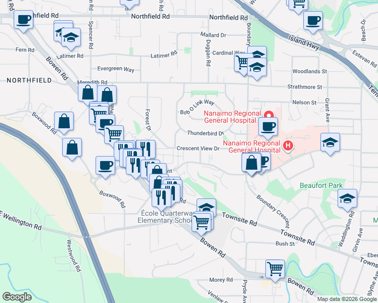 map of restaurants, bars, coffee shops, grocery stores, and more near 1675 Crescent View Drive in Nanaimo