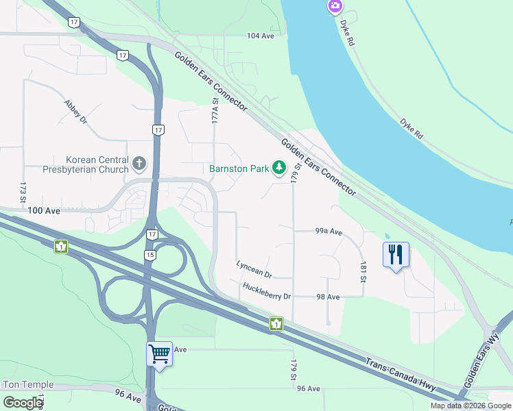 map of restaurants, bars, coffee shops, grocery stores, and more near 17802 100A Avenue in Surrey