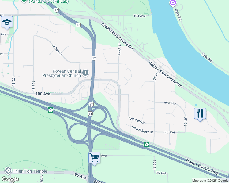 map of restaurants, bars, coffee shops, grocery stores, and more near 9989 Barnston Drive East in Surrey