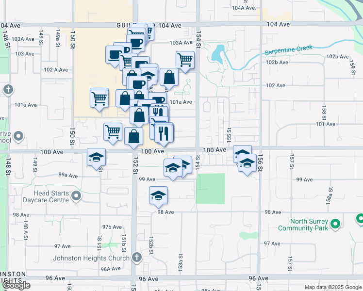 map of restaurants, bars, coffee shops, grocery stores, and more near 15353 100 Avenue in Surrey