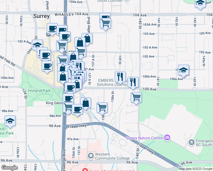 map of restaurants, bars, coffee shops, grocery stores, and more near in Surrey