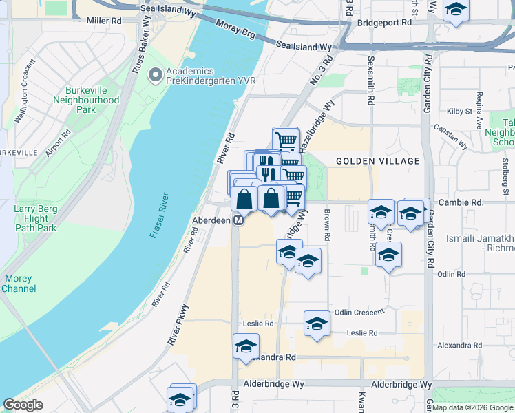 map of restaurants, bars, coffee shops, grocery stores, and more near 8080 Cambie Road in Richmond