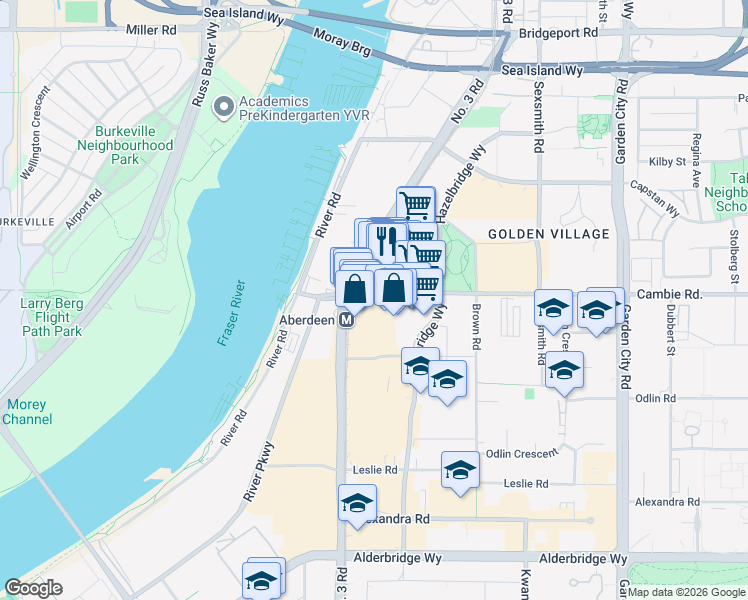 map of restaurants, bars, coffee shops, grocery stores, and more near 8080 Cambie Road in Richmond