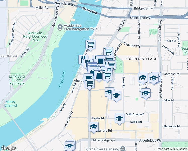 map of restaurants, bars, coffee shops, grocery stores, and more near 8034 Cambie Road in Richmond