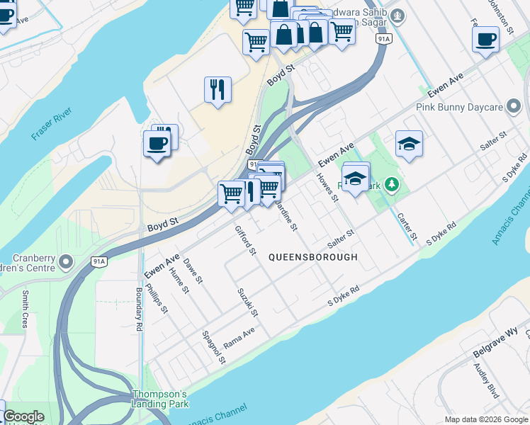 map of restaurants, bars, coffee shops, grocery stores, and more near 1110 Ewen Avenue in New Westminster