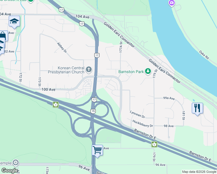 map of restaurants, bars, coffee shops, grocery stores, and more near 9989 Barnston Drive East in Surrey