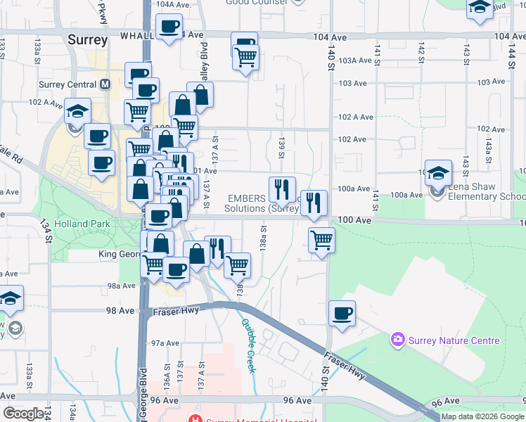 map of restaurants, bars, coffee shops, grocery stores, and more near 13843 100 Avenue in Surrey