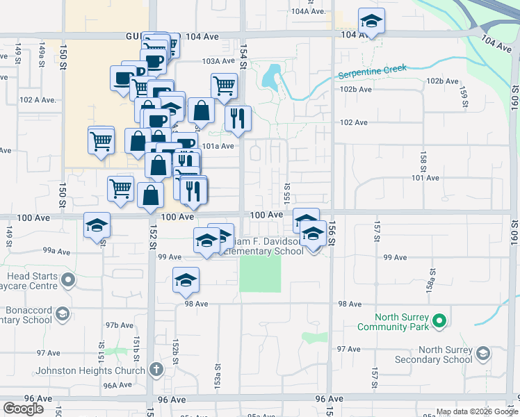 map of restaurants, bars, coffee shops, grocery stores, and more near 15439 100 Avenue in Surrey