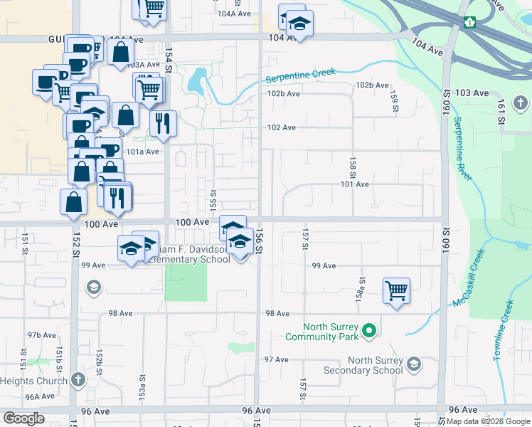 map of restaurants, bars, coffee shops, grocery stores, and more near 10014 156 Street in Surrey