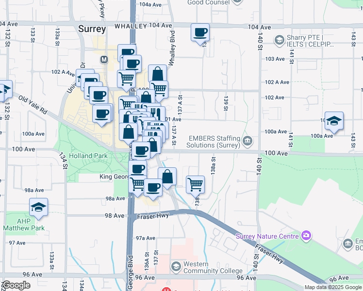 map of restaurants, bars, coffee shops, grocery stores, and more near 10030 137A Street in Surrey