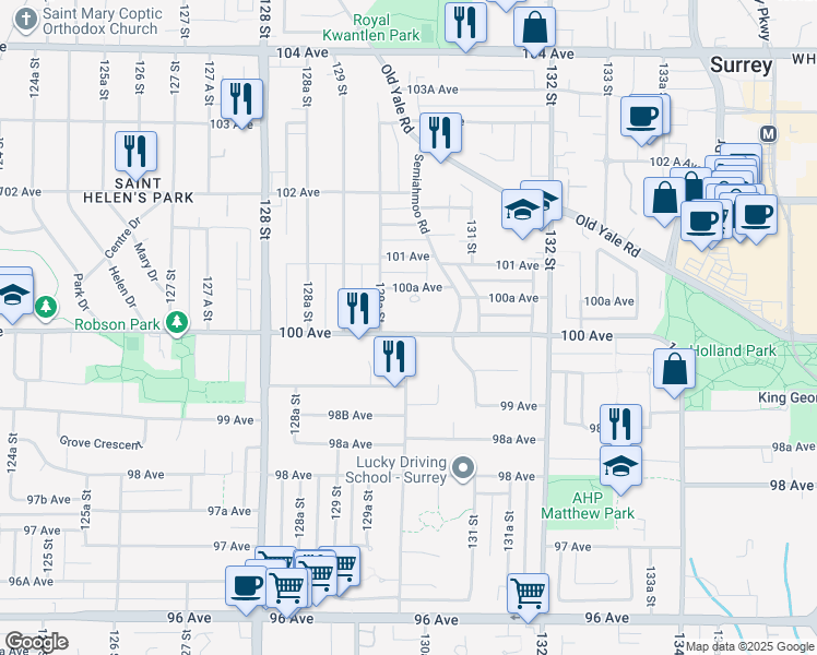 map of restaurants, bars, coffee shops, grocery stores, and more near in Surrey