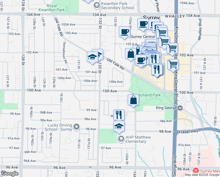 map of restaurants, bars, coffee shops, grocery stores, and more near 10000 132 Street in Surrey