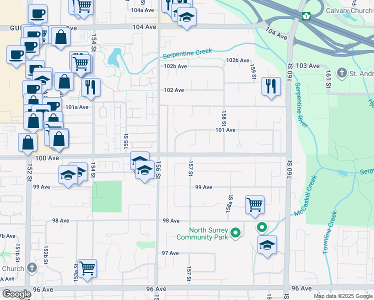 map of restaurants, bars, coffee shops, grocery stores, and more near 10017 157 Street in Surrey