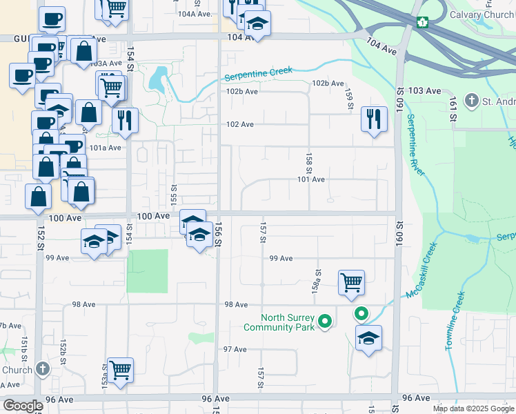 map of restaurants, bars, coffee shops, grocery stores, and more near 10017 157 Street in Surrey