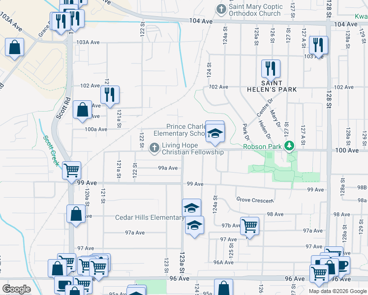 map of restaurants, bars, coffee shops, grocery stores, and more near 12353 100 Avenue in Surrey