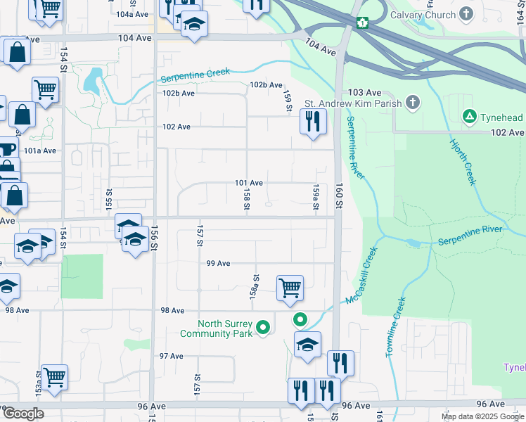 map of restaurants, bars, coffee shops, grocery stores, and more near 10013 158A Street in Surrey
