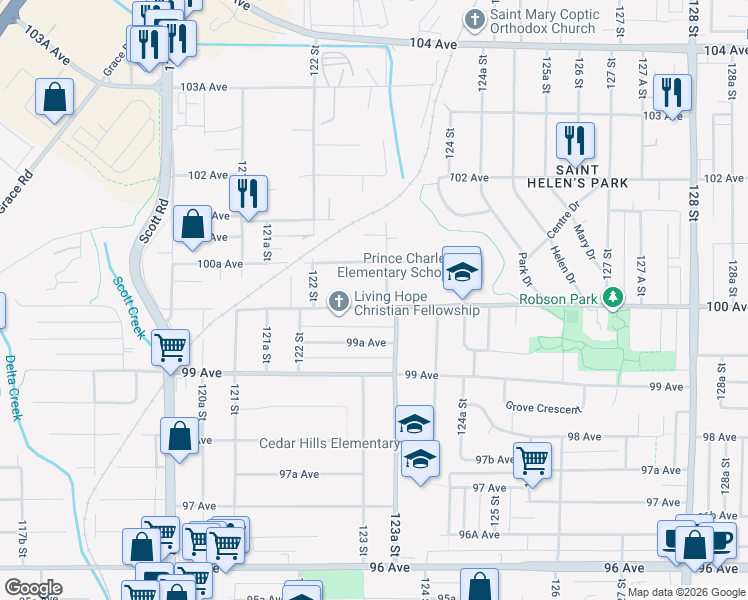 map of restaurants, bars, coffee shops, grocery stores, and more near 12281 100 Avenue in Surrey