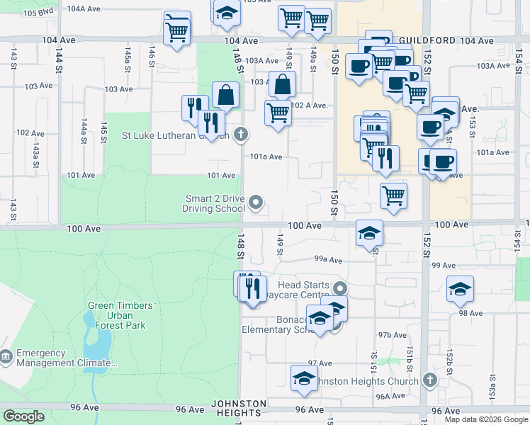 map of restaurants, bars, coffee shops, grocery stores, and more near in Surrey