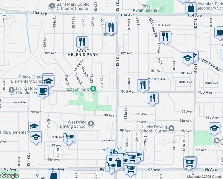 map of restaurants, bars, coffee shops, grocery stores, and more near 10014 127B Street in Surrey