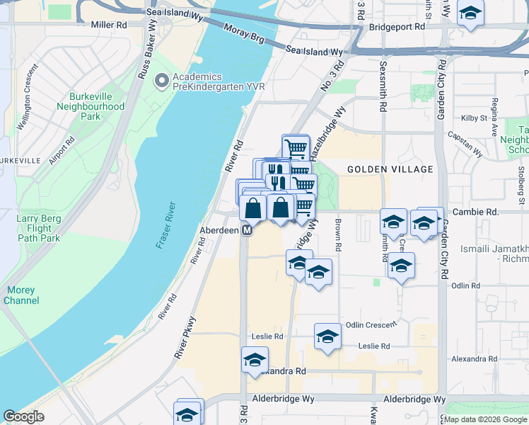 map of restaurants, bars, coffee shops, grocery stores, and more near 8181 Cambie Road in Richmond