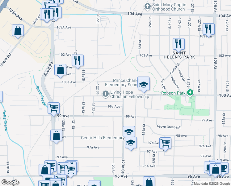 map of restaurants, bars, coffee shops, grocery stores, and more near 12277 100 Avenue in Surrey