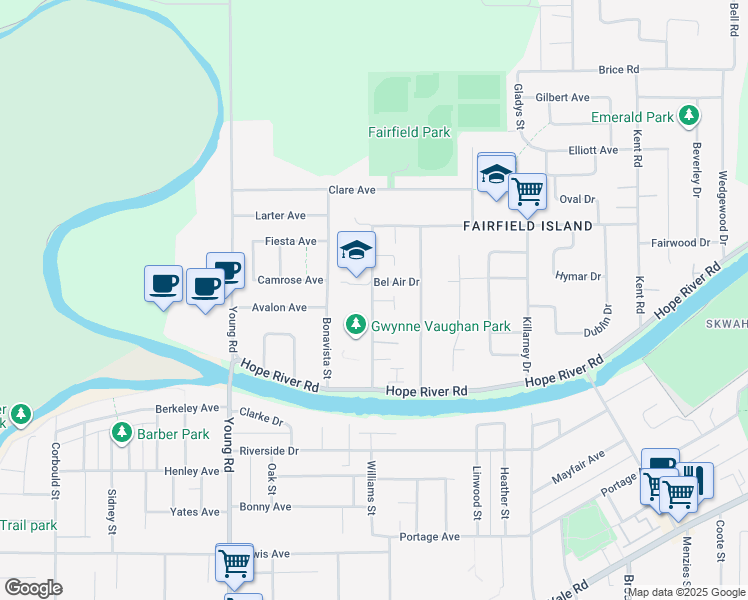 map of restaurants, bars, coffee shops, grocery stores, and more near 10100 Williams Road in Chilliwack