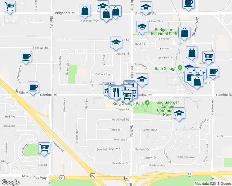map of restaurants, bars, coffee shops, grocery stores, and more near 11651 Cambie Road in Richmond