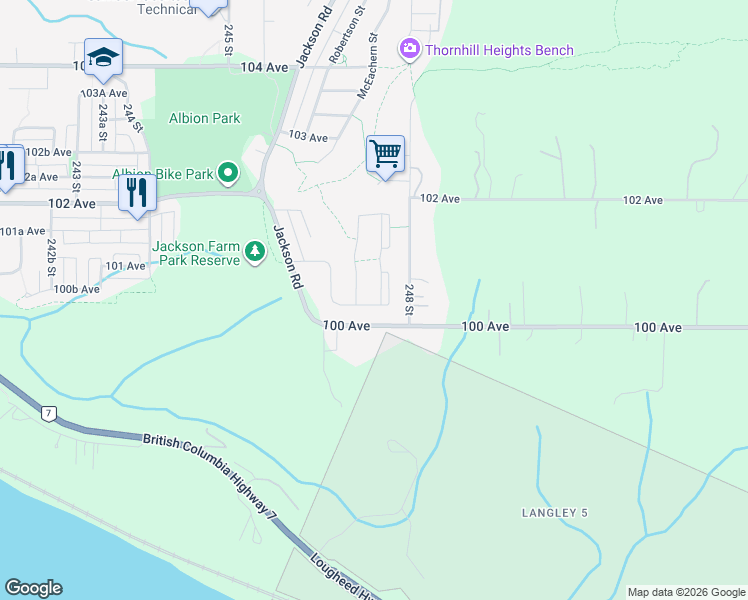 map of restaurants, bars, coffee shops, grocery stores, and more near 10048 247 Street in Maple Ridge