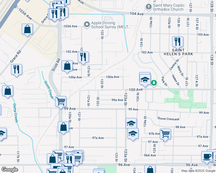 map of restaurants, bars, coffee shops, grocery stores, and more near 12231 100 Avenue in Surrey