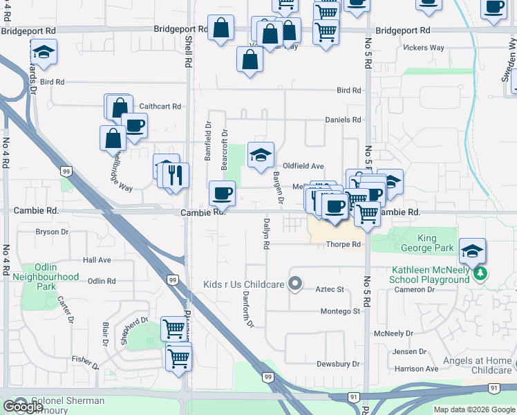 map of restaurants, bars, coffee shops, grocery stores, and more near 11331 Cambie Road in Richmond