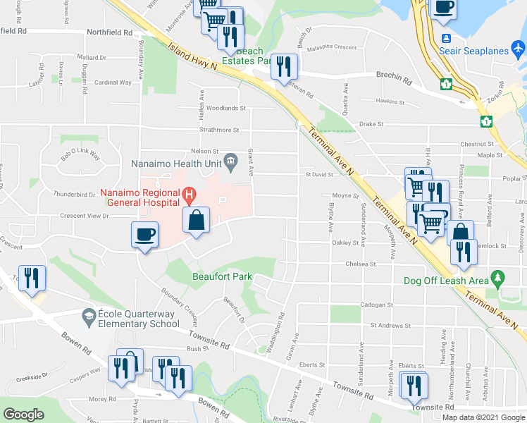 map of restaurants, bars, coffee shops, grocery stores, and more near 1080 Dufferin Crescent in Nanaimo