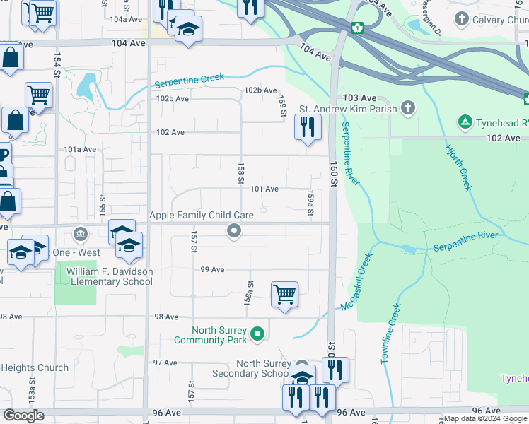 map of restaurants, bars, coffee shops, grocery stores, and more near 10013 158A Street in Surrey