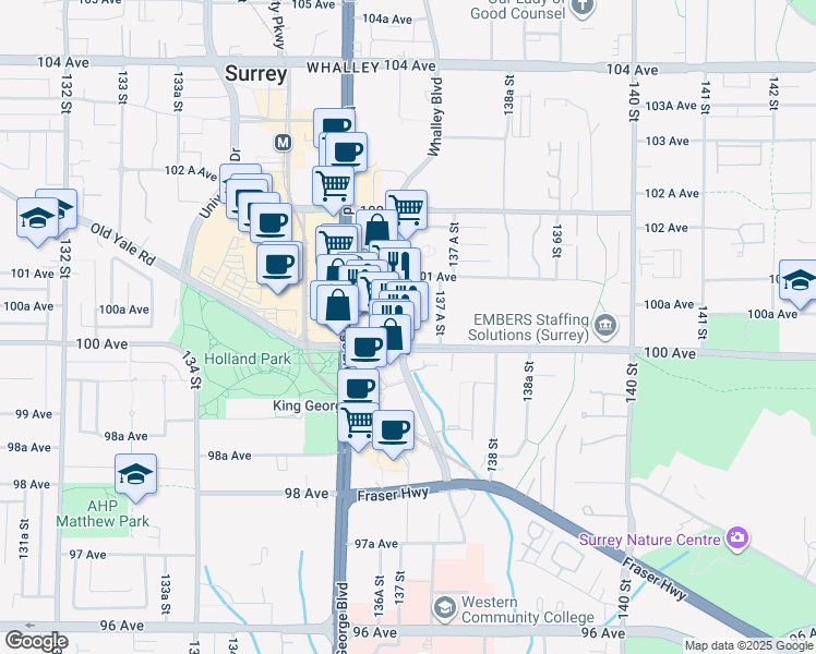map of restaurants, bars, coffee shops, grocery stores, and more near in Surrey