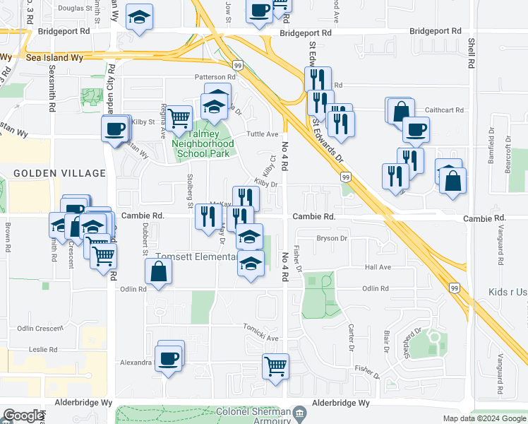 map of restaurants, bars, coffee shops, grocery stores, and more near 9833 Cambie Road in Richmond