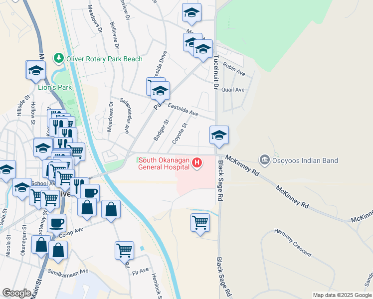 map of restaurants, bars, coffee shops, grocery stores, and more near 862 McKinney Road in Oliver