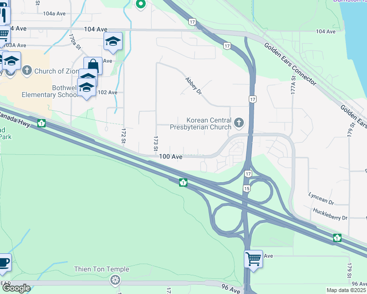 map of restaurants, bars, coffee shops, grocery stores, and more near 10055 174 Street in Surrey