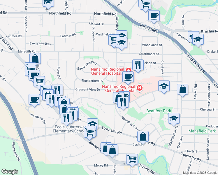 map of restaurants, bars, coffee shops, grocery stores, and more near 1630 Crescent View Drive in Nanaimo