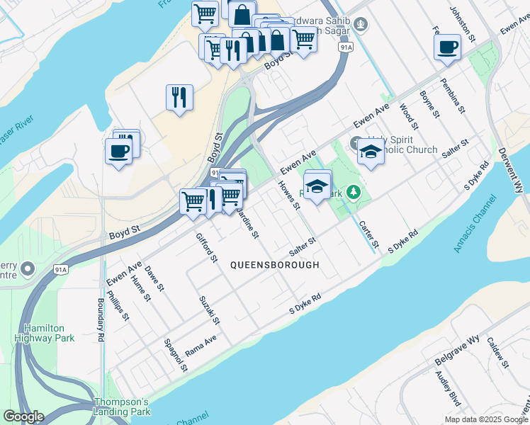 map of restaurants, bars, coffee shops, grocery stores, and more near 260 Hampton Street in New Westminster
