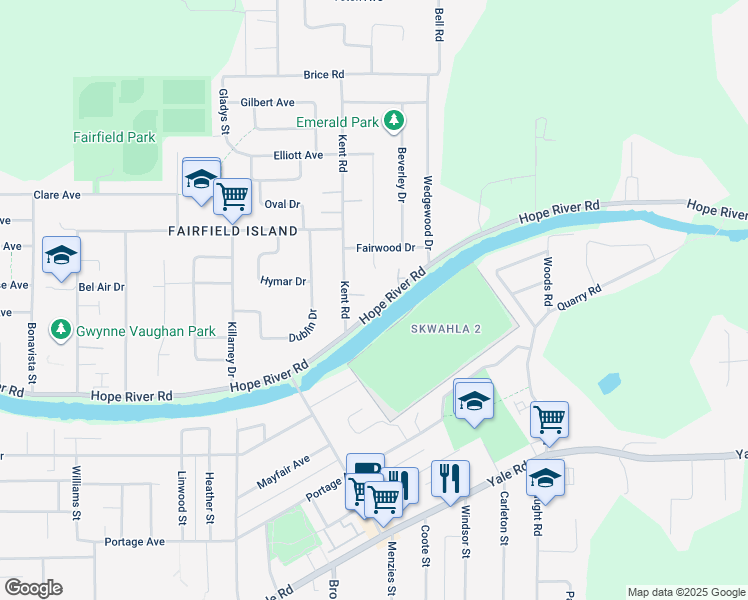 map of restaurants, bars, coffee shops, grocery stores, and more near 46645 Hope River Road in Chilliwack