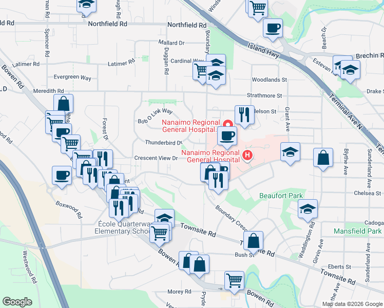 map of restaurants, bars, coffee shops, grocery stores, and more near 1630 Crescent View Drive in Nanaimo