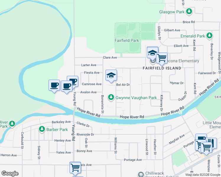 map of restaurants, bars, coffee shops, grocery stores, and more near 10113 Williams Road in Chilliwack