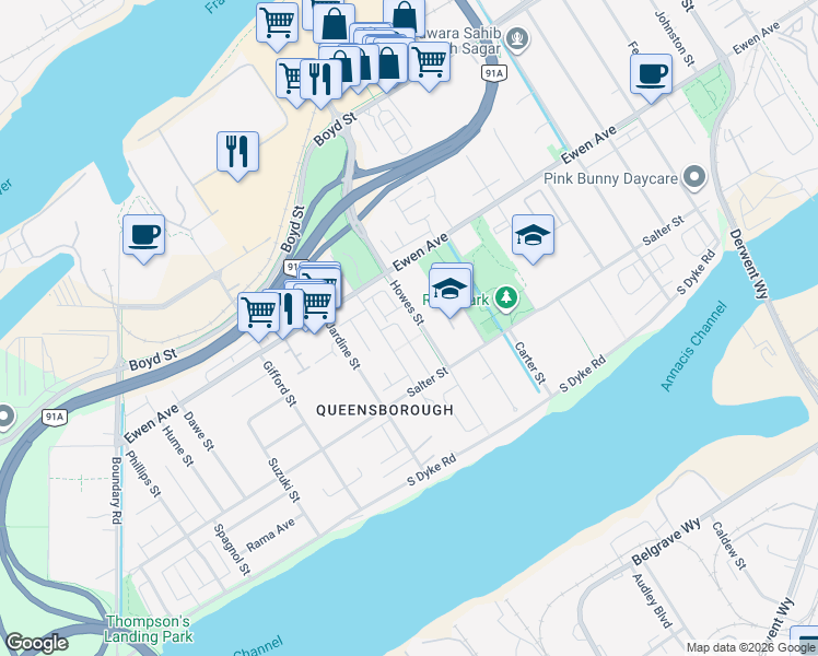 map of restaurants, bars, coffee shops, grocery stores, and more near 232 Howes Street in New Westminster