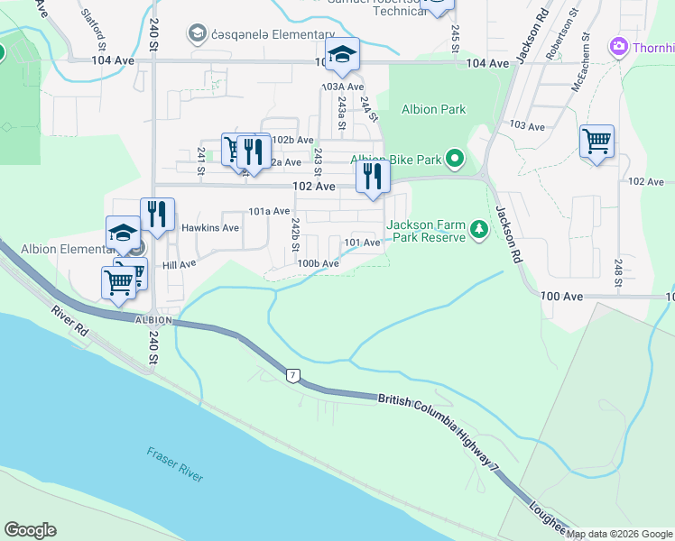 map of restaurants, bars, coffee shops, grocery stores, and more near 10073 100B Avenue in Maple Ridge